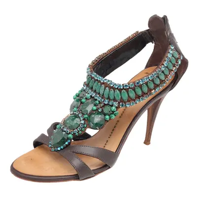 Giuseppe Zanotti Brown Leather Crystal Embellished Ankle Strap Sandals Size