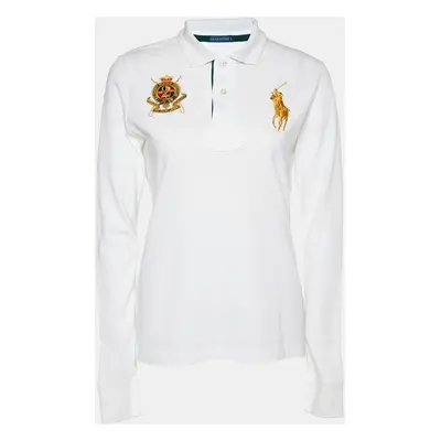 Ralph Lauren White Embroidered Cotton Knit Long Sleeve Polo T-Shirt