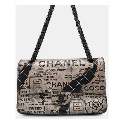 Chanel Black Leather Logo Print Double Flap Chain Shoulder Bag