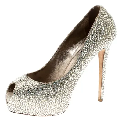 Le Silla Metallic Gold Crystal Embellished Leather Peep Toe Platform Pumps Size