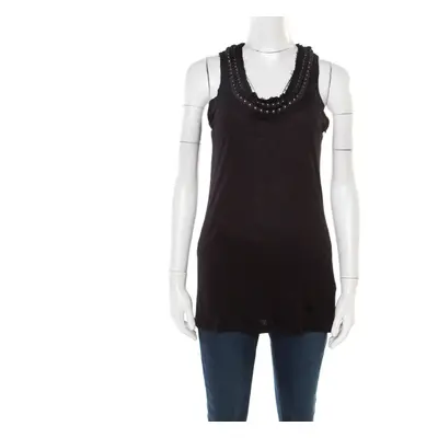 Lanvin Black Embellished Neck Raw Edge Detail Tank Top