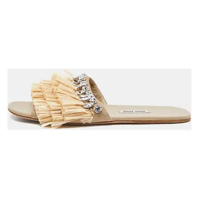 Miu Miu Beige Raffia and Suede Crystals Embellished Slide Flats Size