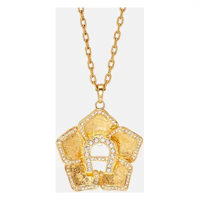 Aigner Gold Tone Crystal Logo Flower Pendant Necklace