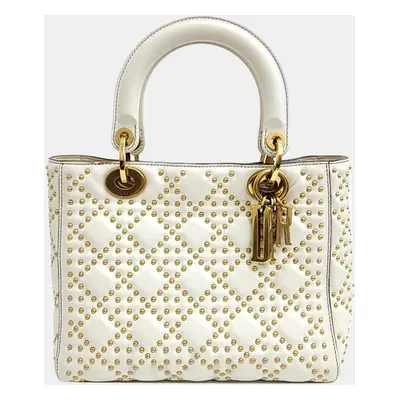 Christian Dior Ivory Leather Studded Cannage Medium Lady Dioe Top Handle Bag