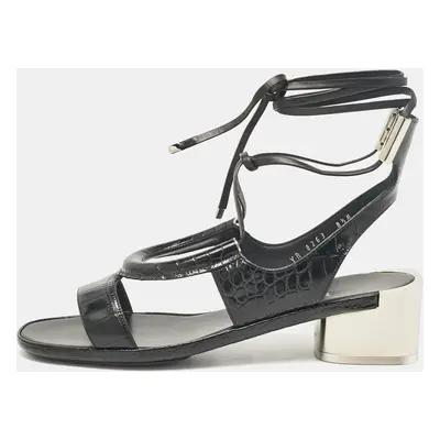 Salvatore Ferragamo Black Croc Embossed Leather Glorja Ankle Strap Sandals Size