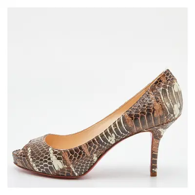 Christian Louboutin Brown Watersnake Leather Very Prive Peep Toe Pumps Size