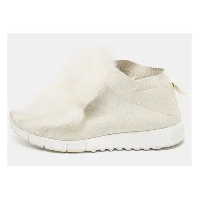 Jimmy Choo White/Silver Knit Fabric and Lurex Norway Pom Pom Sneakers Size