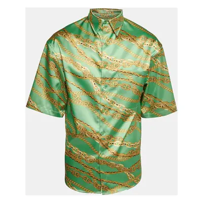 Balenciaga Green Chain Print Satin Short Sleeve Oversized Shirt