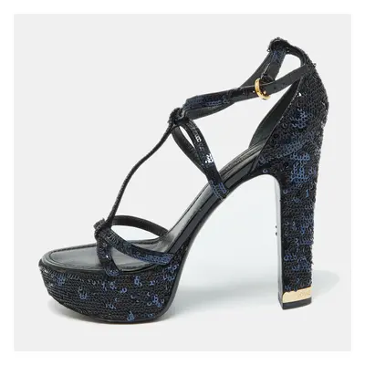 Louis Vuitton Black/Blue Sequins Platform Ankle Strap Sandals Size 36.5