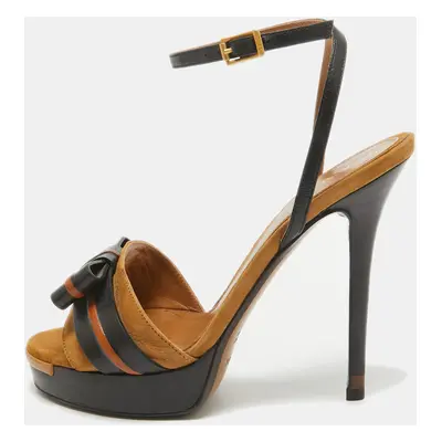 Fendi Black/Brown Leather and Suede Bow Platform Ankle Strap Sandals Size