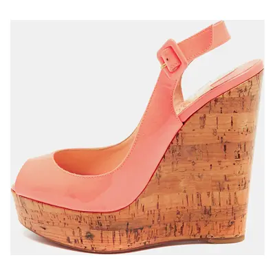 Christian Louboutin Neon Peach Patent Leather Une Plume Wedge Slingback Pumps Size