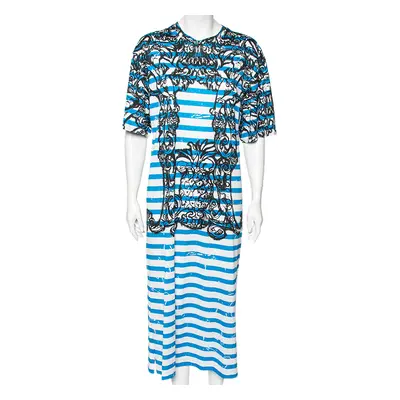 Prada Blue & White Striped Cotton Printed Short Sleeve Dress