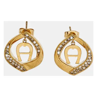 Aigner Gold Tone Logo Crystal Detail Stud Earrings