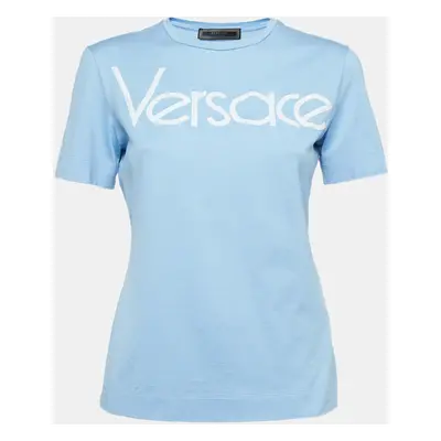 Versace Blue Embroidered Cotton Knit Tshirt