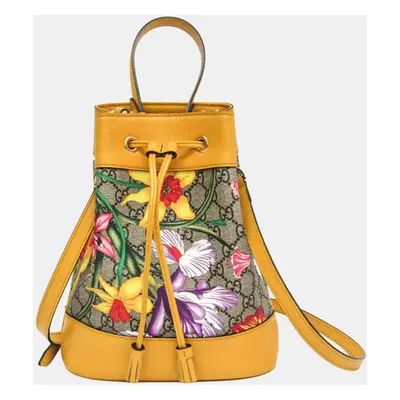 Gucci Beige Yellow Flora PVC Leather Baguette Bag