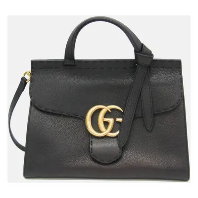 Gucci Black Leather GG Marmont Top Handle Bag