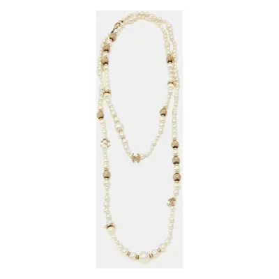 Chanel CC Charm Faux Pearl Crystal Gold Tone Beaded Long Necklace