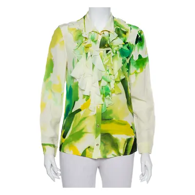 Roberto Cavalli Green Printed Silk Ruffled Detail Button Front Shirt