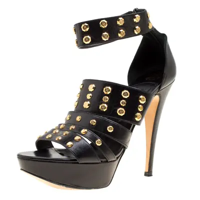 Gina Black Leather Studded Ankle Strap Platform Sandals Size 39.5