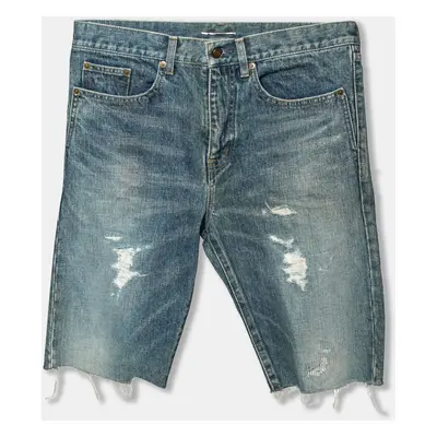 Saint Laurent Blue Distressed Denim Capri Shorts