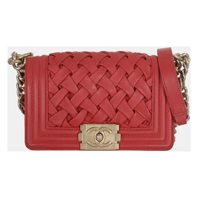 Chanel Red Leather Small Woven Boy Bag