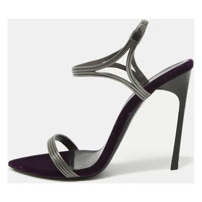 Saint Laurent Metallic Silver/Purple Leather and Velvet Ankle Strap Sandals Size 40.5