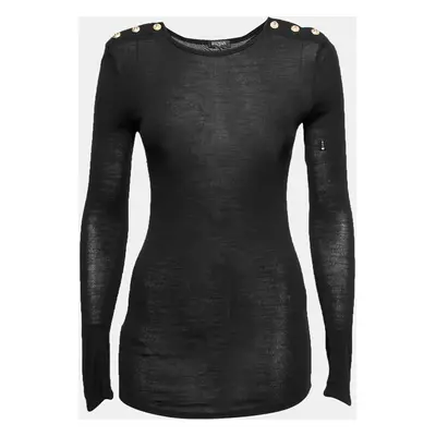 Balmain Black Wool Button Detail Long Sleeve Sweater