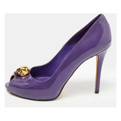 Alexander McQueen Purple Patent Leather Crystal Embellished Skull Peep Toe Pumps Size