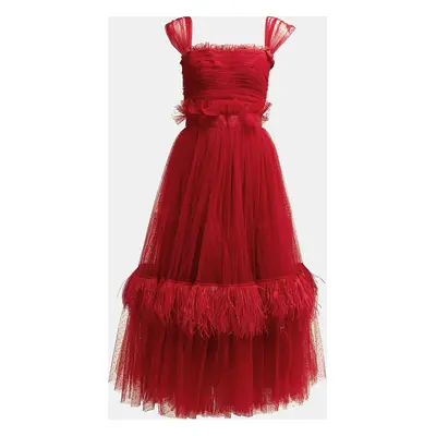 Dolce & Gabbana Red Dotted Tulle Feather Detail Midi Dress