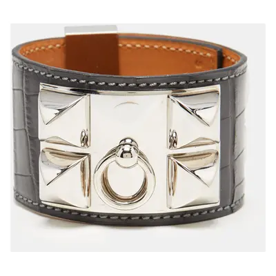 Hermès Collier De Chien Black Alligator Leather Palladium Plated Bracelet