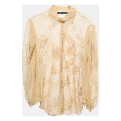 Ralph Lauren Cream Embroidered Lace Button Front Sheer Shirt