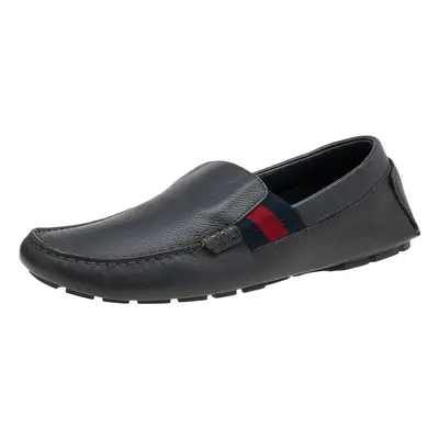 Gucci Dark Grey Leather Web Detail Slip On Loafers Size 41.5