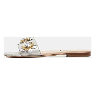 Fendi Silver Leather Flowerland Flat Slides Size