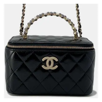 Chanel Lambskin Black Matelasse Coco Mark Vanity Chain Shoulder Bag