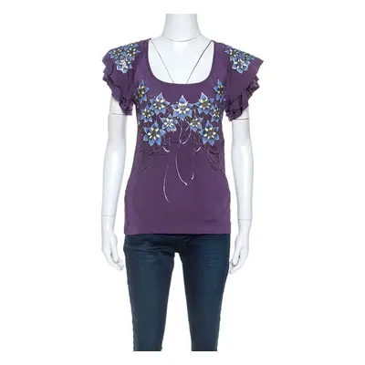 Just Cavalli Purple Stretch jersey Floral Embossed Detail Top