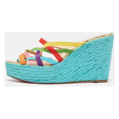 Christian Louboutin Multicolor Fabric Crepon Espadrille Wedge Platform Sandals Size