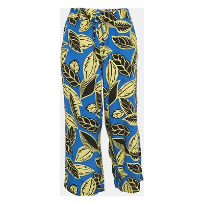 Boutique Moschino Blue/Yellow Leaf Print Crepe Trousers