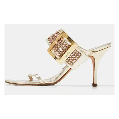 Gina Gold Crystal Embellished Leather Slide Sandals Size 37.5