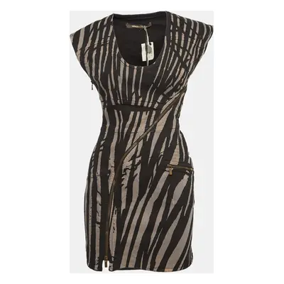 Roberto Cavalli Black Zebra Print Denim Zip Detail Mini Dress