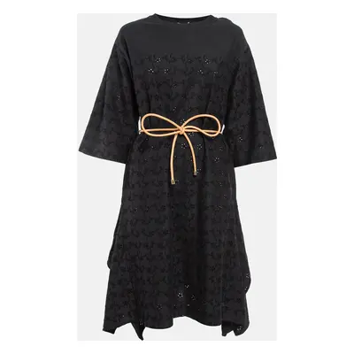 Moncler Black Broderie Anglaise Embroidered Cotton Asymmetric Midi Dress