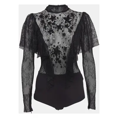 Elisabetta Franchi Black Embellished Stretch Tulle Bodysuit