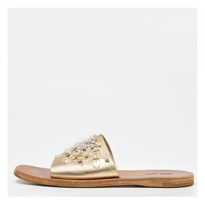 Miu Miu Gold Leather Crystal Embellished Open Toe Flat Slides Size