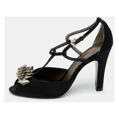 Etro Black Satin Embellished T Strap Sandals Size