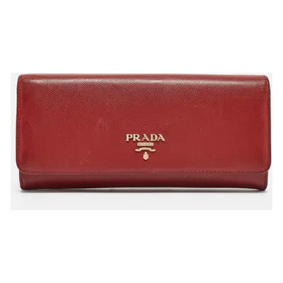 Prada Red Saffiano Metal Leather Logo Flap Continental Wallet