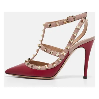 Valentino Burgundy/Dusty Pink Leather Rockstud Ankle Strap Pumps Size 35.5