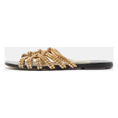 Gina Gold Crystal Embellished Leather Flat Slides Size