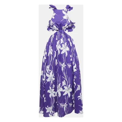 Zimmermann Purple Floral Print Cotton Acadian Ruffle Maxi Dress