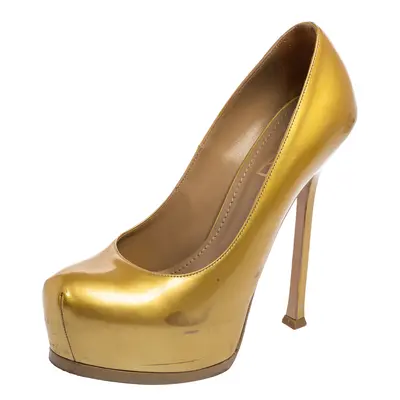 Saint Laurent Gold Patent Leather Tribtoo Platform Pumps Size 37.5