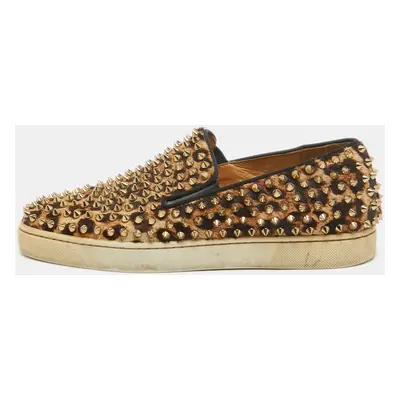 Christian Louboutin Beige/Brown Leopard Print Calf Hair Spike Pik Boat Sneakers Size 40.5