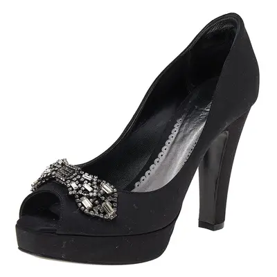 Giorgio Armani Black Satin Crystal Embellished Peep Toe Platform Pumps Size